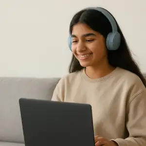 A teenager is doing therapy virtually at a computer